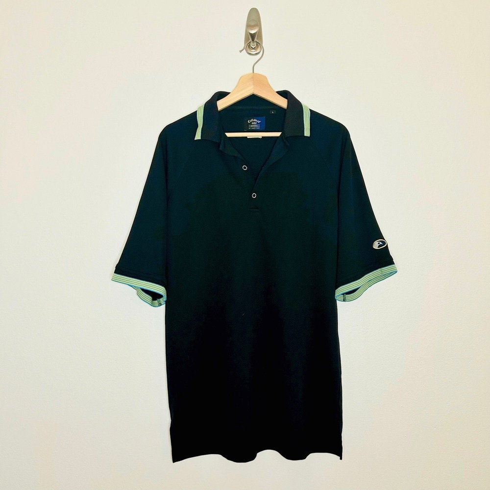 Callaway Golf Nordstrom Mens Large Black Polo Shirt Striped Trim Short Sleeve